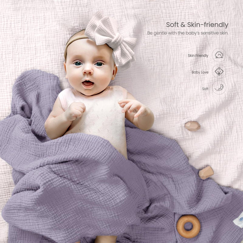 Lulu moon lulumoon Muslin Swaddle Blanket Baby - Cotton Swaddling Blanket Soft Baby Receiving Blankets Neutral 3Pack(Pink+Purple) - Image 5